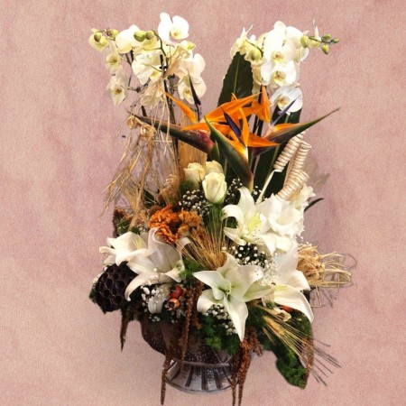 White Orchid w/ Strelitzia and  Lilly